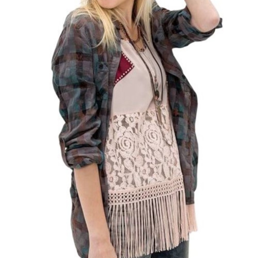 Gimmicks Pink/Burgundy Lace & Fringe Boho Country Western Romantic Tank Sz M